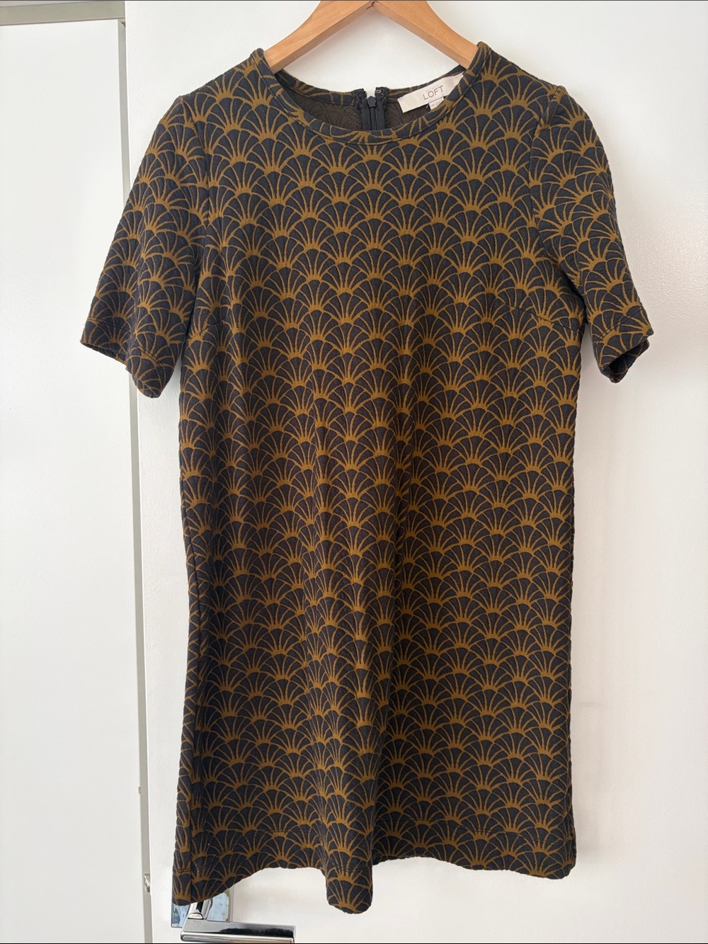 LOFT Navy Blue Mini Dress with Olive Green Fan Pattern